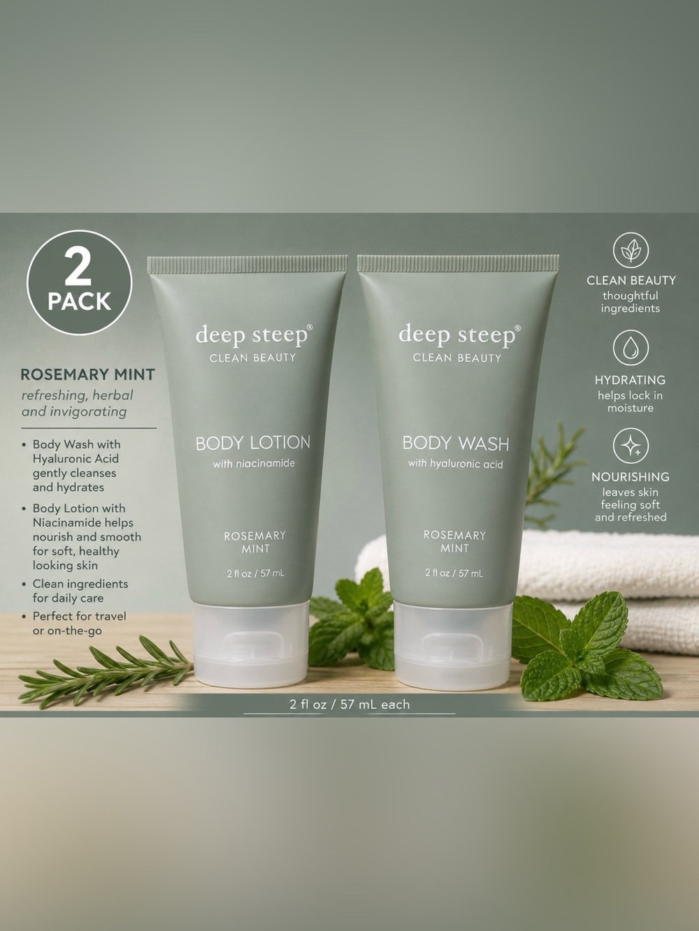 Deep Steep Rosemary Mint Body Wash & Body Wash - 2oz Tubes, 2pk